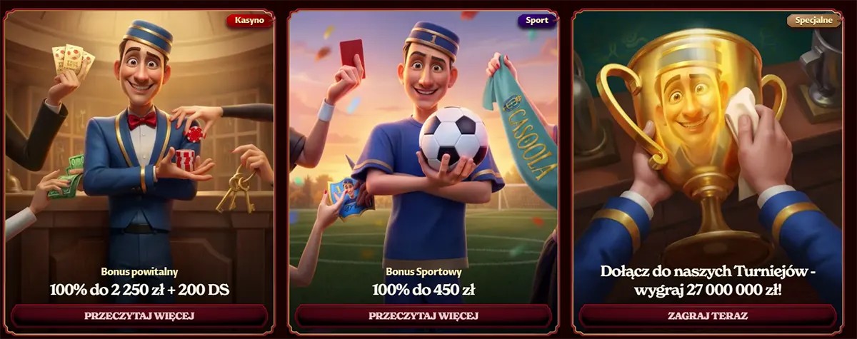 Casino promotion banners showing welcome bonus, sports bonus, and tournament prize offer