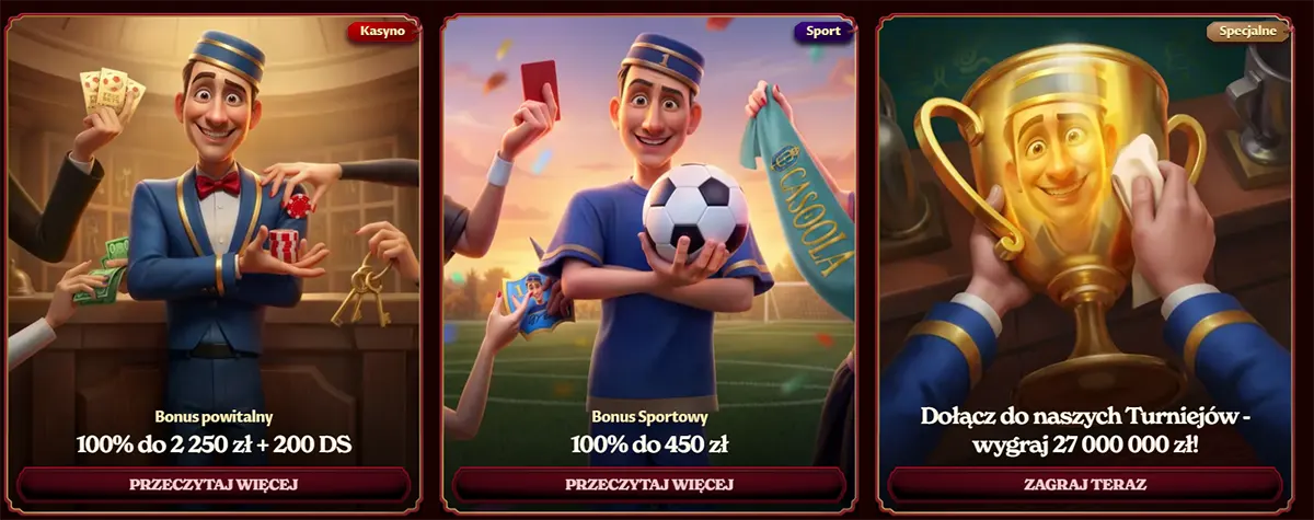 Casino promotion banners showing welcome bonus, sports bonus, and tournament prize offer