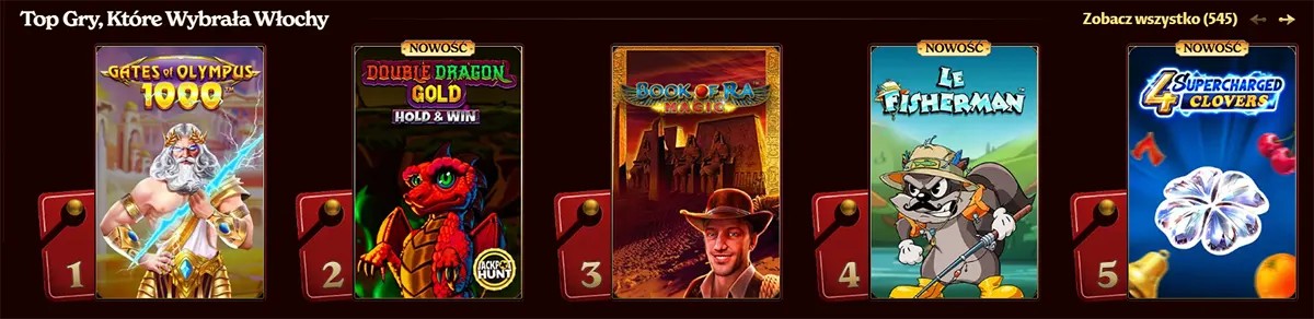 Top casino slot games in Italy including Gates of Olympus, Double Dragon Gold, Book of Ra Magic, Le Fisherman, and Supercharged Clovers