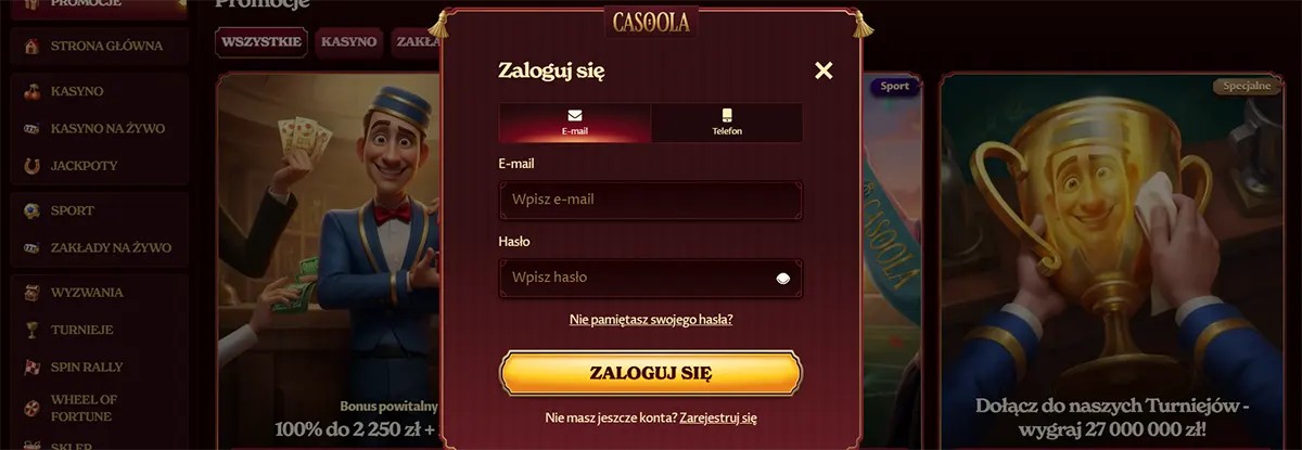 Casino login popup with email and password sign-in form interface