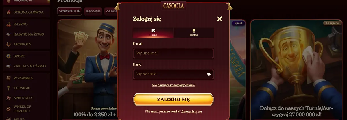 Casino login popup with email and password sign-in form interface